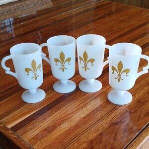 Vintage Milkglass Fleur De Lis Footed Cup Set Of 4